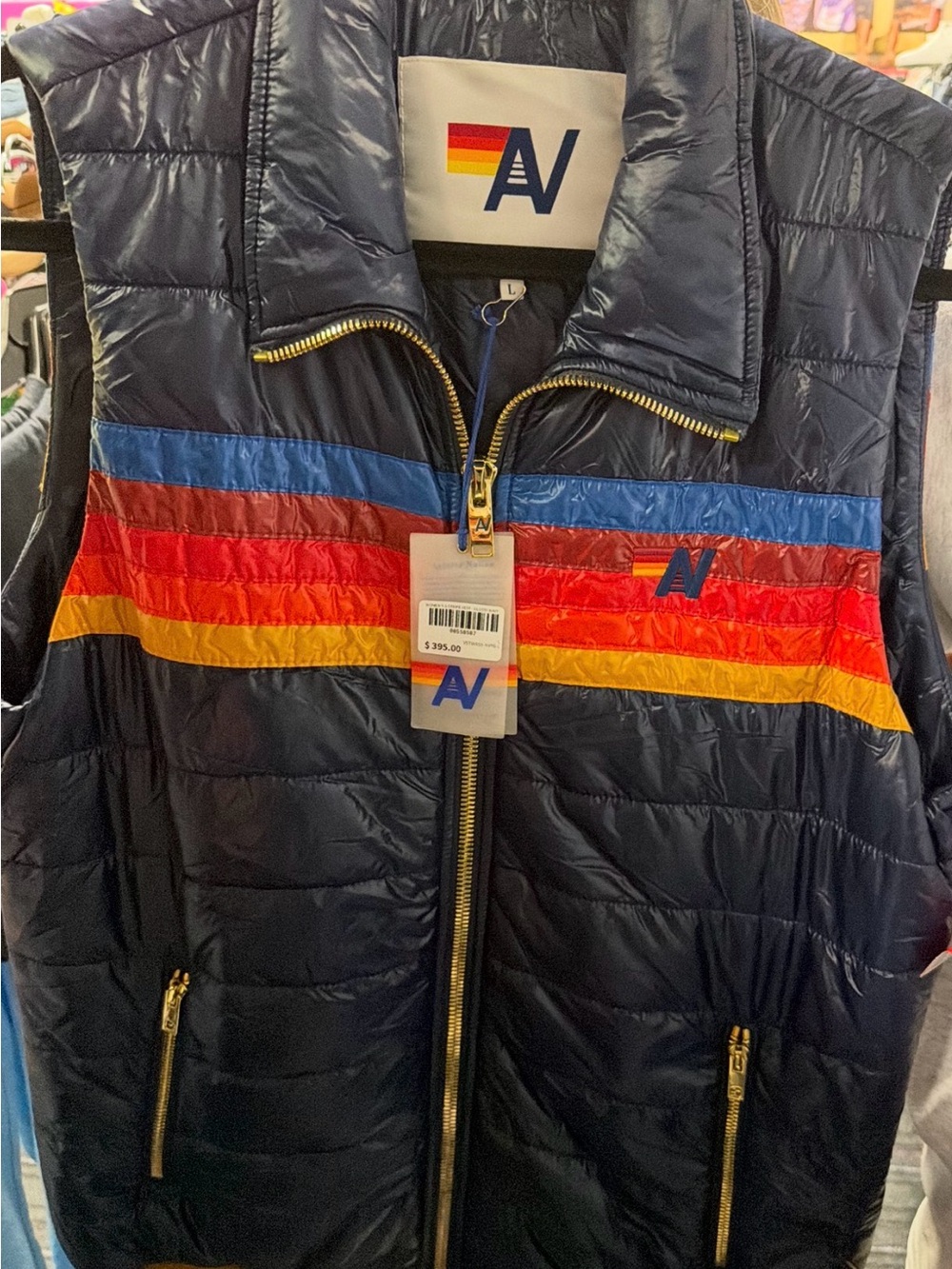 Aviator Nation Navy Puffer Vest with Rainbow Stripe